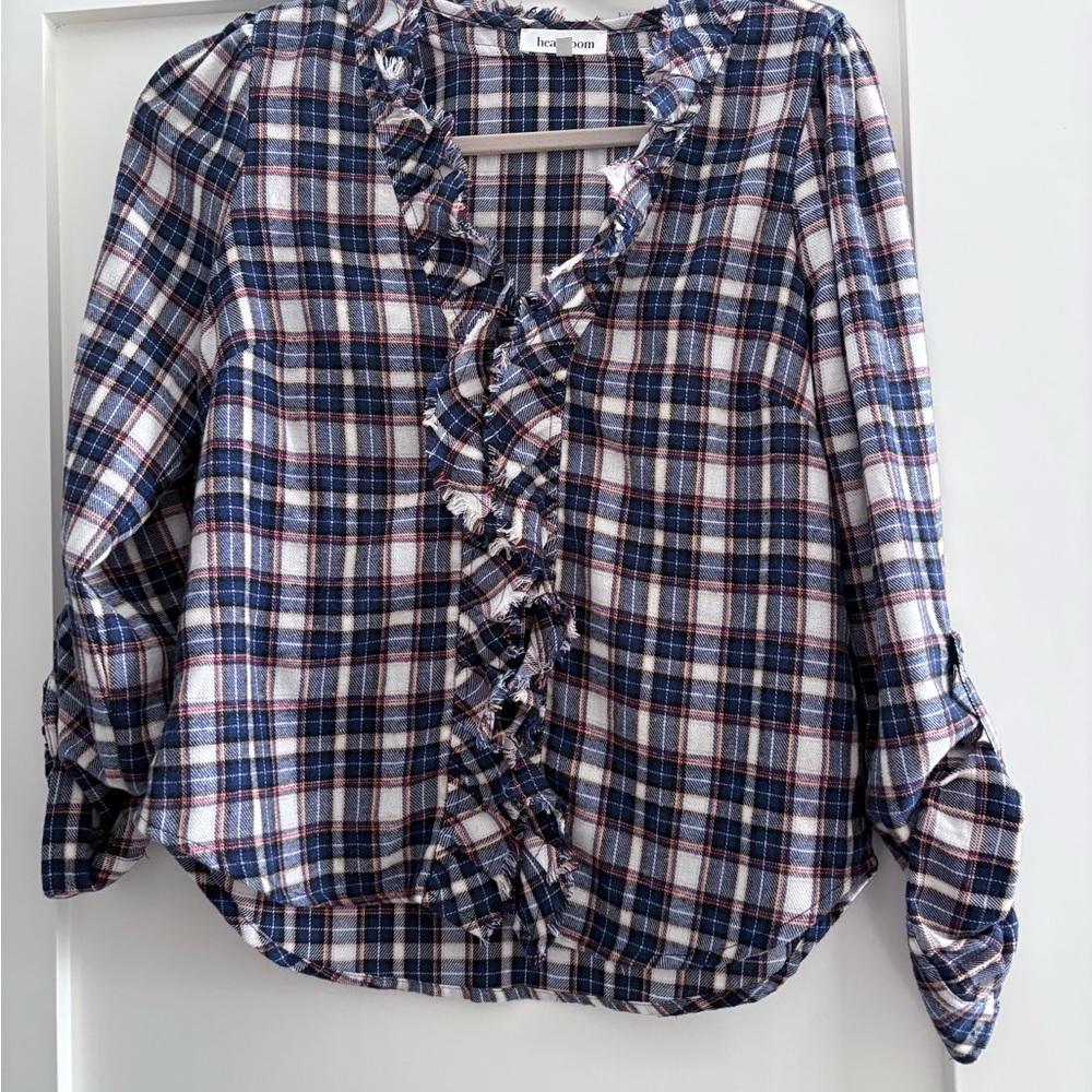 Heartloom Navy and White Checkered Ruffle Blouse